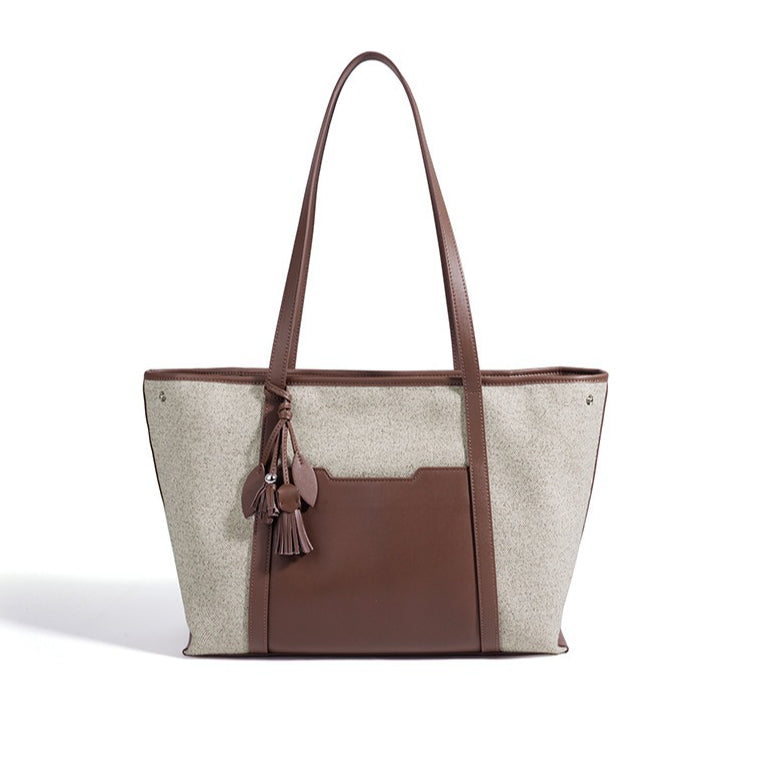 Women's Canvas Tote Bag with Genuine Leather Panels and Tassel Charm