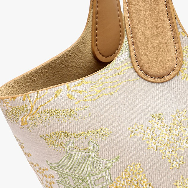 Women's Oriental Garden Genuine Leather Bucket Bag with Charm