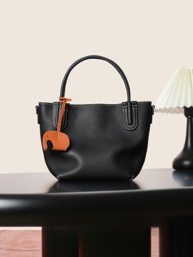 Women's Pebbled Cowhide Elephant Charm Mini Bucket Bag