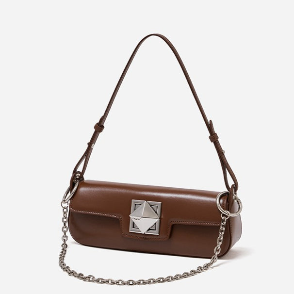 Women's Smooth Cowhide Silver-Buckle Baguette Shoulder Bag