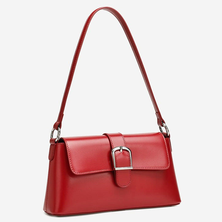 Women's Genuine Leather Vintage Baguette Shoulder Bag with Buckle