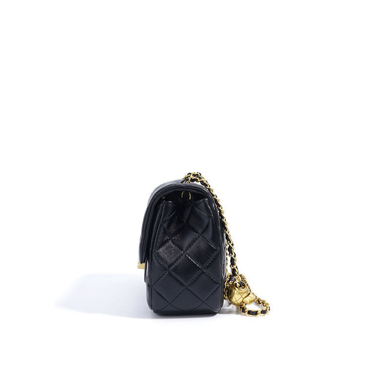 Women's Quilted Sheepskin Flap Bag with Golden Ball Chain