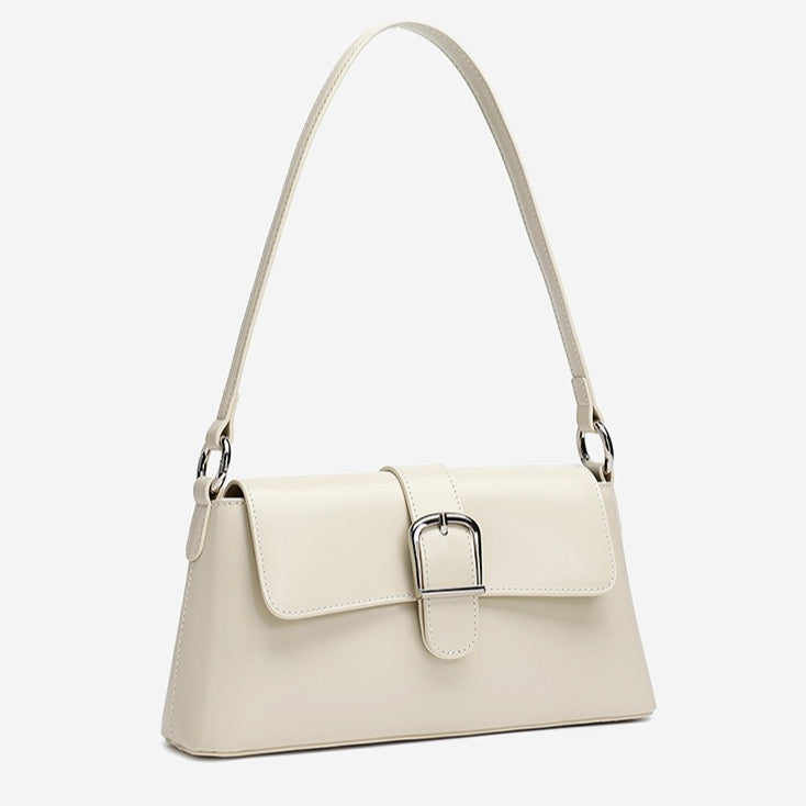 Women's Genuine Leather Vintage Baguette Shoulder Bag with Buckle