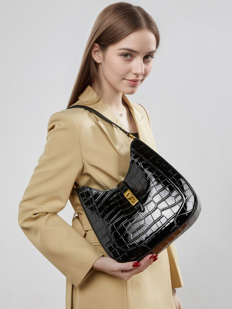 Women's Croc-Embossed Genuine Leather Hobo Bag with Detachable Pouch