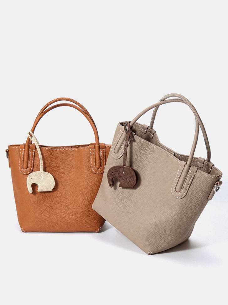 Women's Pebbled Cowhide Elephant Charm Mini Bucket Bag