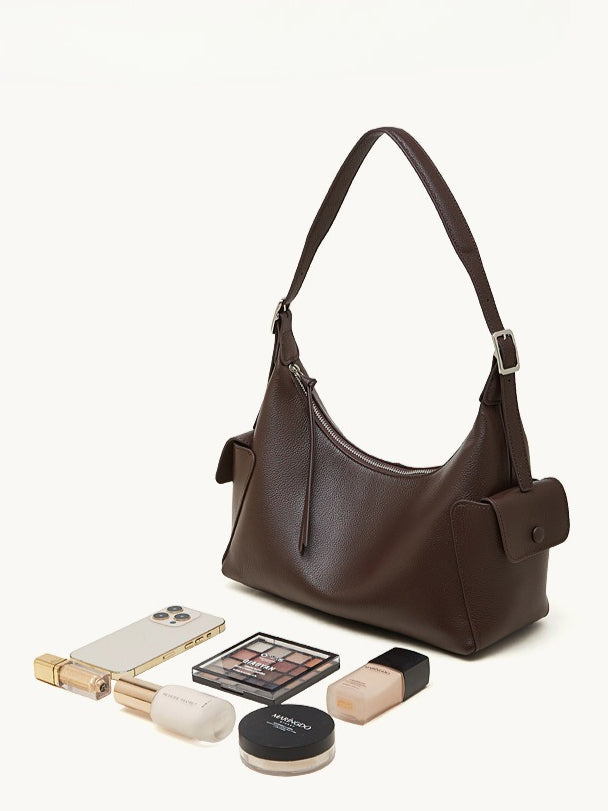 Women's Full-Grain Vegetable-Tanned Leather Tote Bag with Side Pockets
