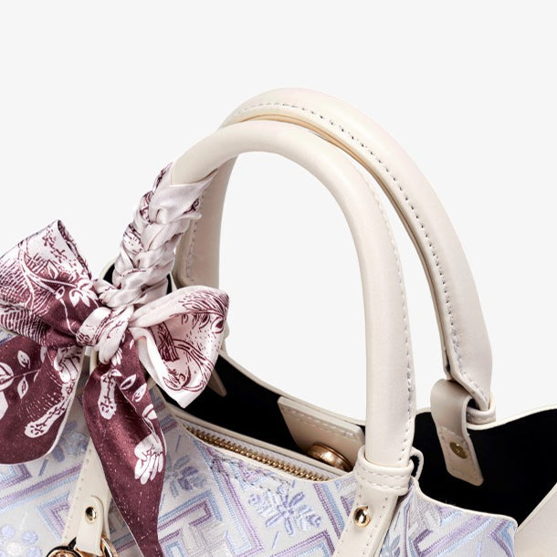 Women's Lavender Brocade Pattern Mini Tote with Scarf Bow