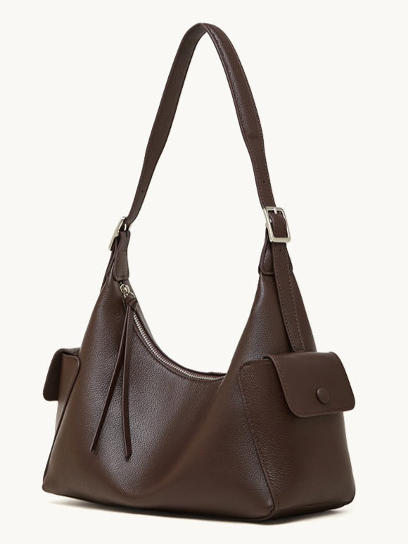 Women's Full-Grain Vegetable-Tanned Leather Tote Bag with Side Pockets
