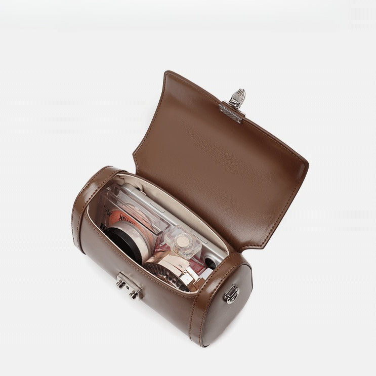 Women's Genuine Leather Cylinder Box Bag with Push Lock