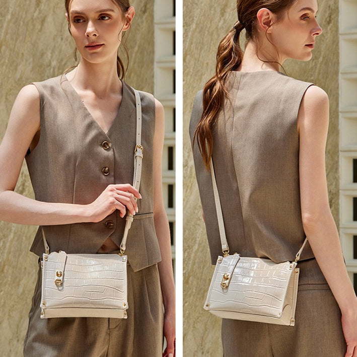 Women's Glossy Croc-Embossed Cowhide Structured Satchel