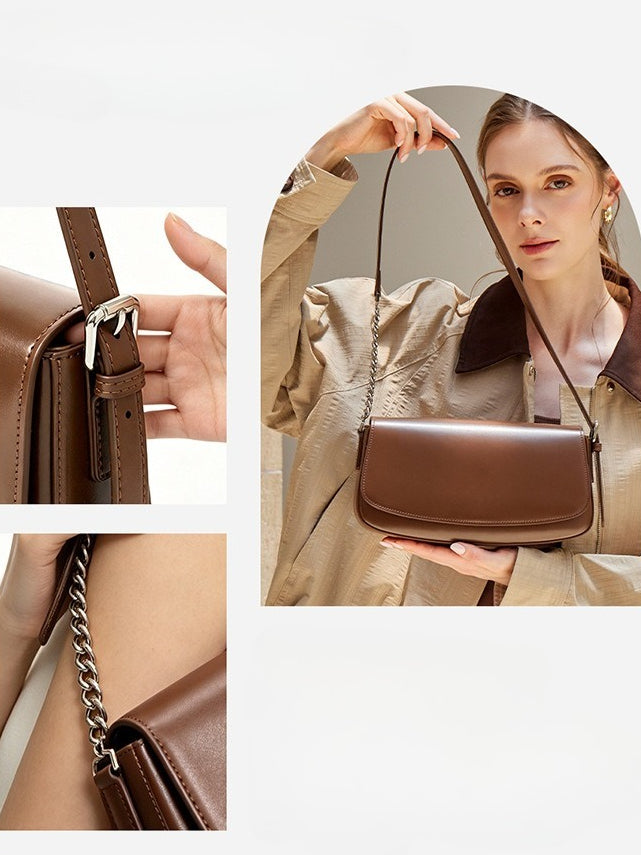 Women's Soft Cowhide Baguette Saddle Bag with Chain Strap