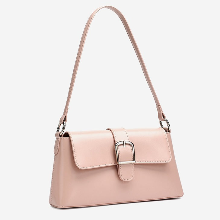 Women's Genuine Leather Vintage Baguette Shoulder Bag with Buckle
