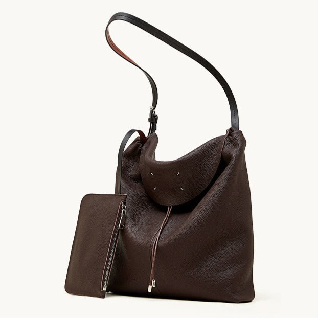 Women's Genuine Leather Slouch Tote Bag with Adjustable Strap & Detachable Pouch