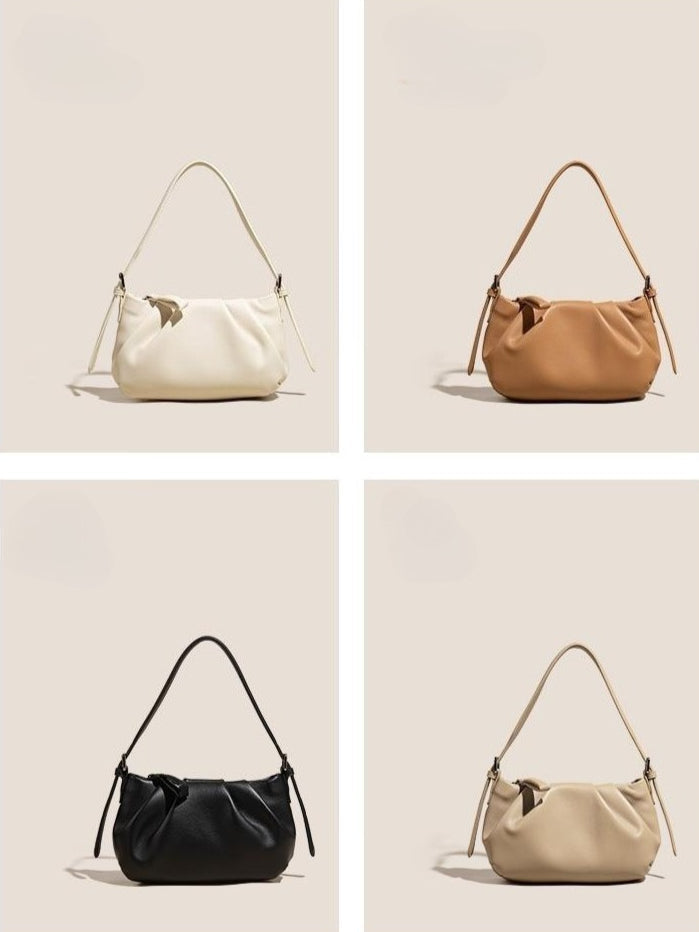 Women's Soft Cowhide Ruched Hobo Bag with Adjustable Strap