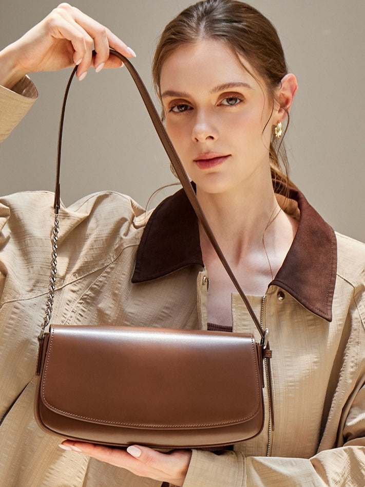 Women's Soft Cowhide Baguette Saddle Bag with Chain Strap