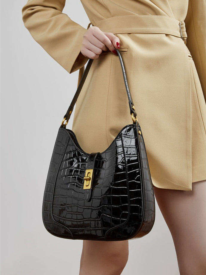 Women's Croc-Embossed Genuine Leather Hobo Bag with Detachable Pouch