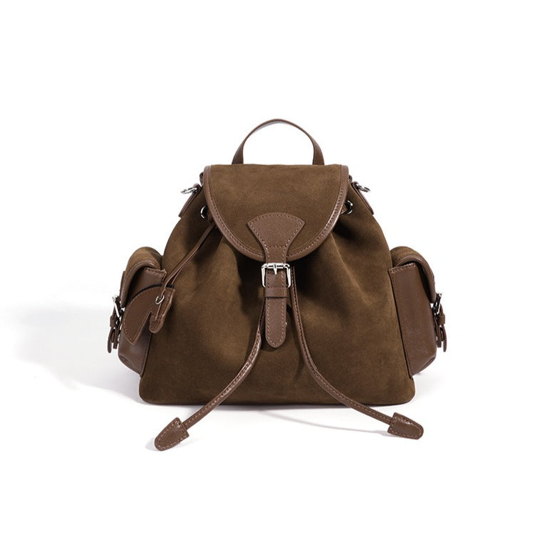 Women's Suede Leather Convertible Flap Backpack with Side Pockets