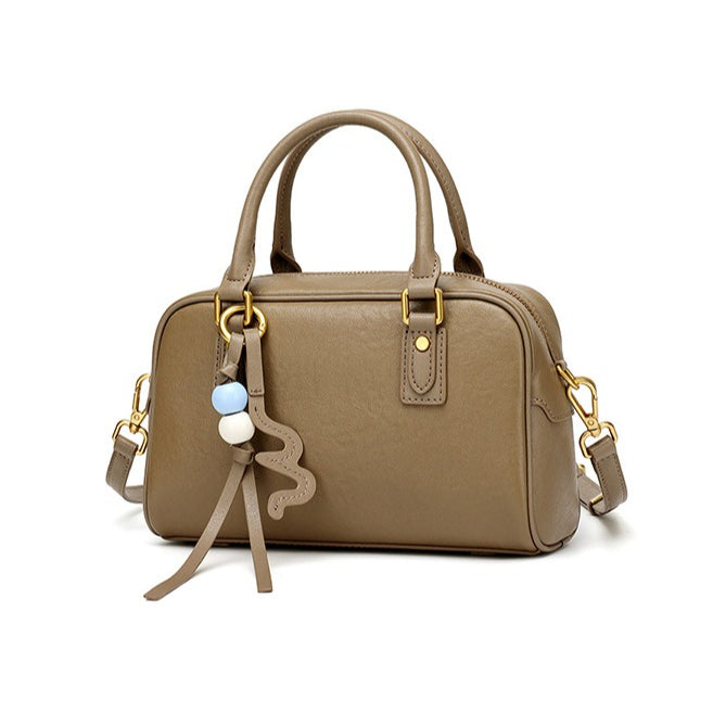 Women's Genuine Leather Boston Bag with Wavy Charm