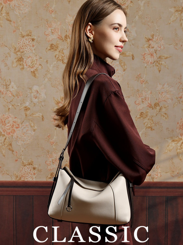 Women's Milled Cowhide Geometric Shoulder Bag with Ring Detail