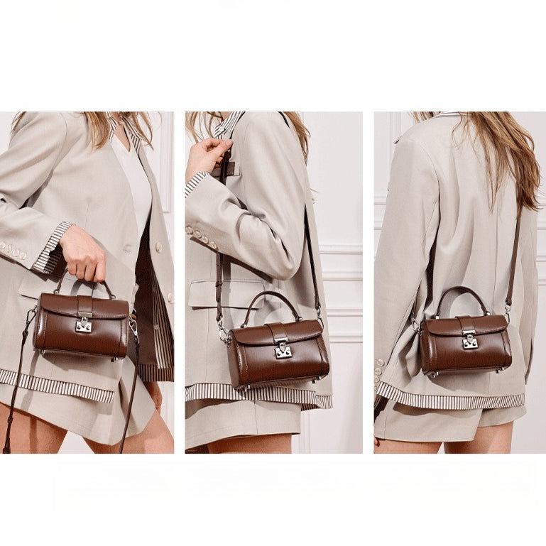 Women's Genuine Leather Cylinder Box Bag with Push Lock
