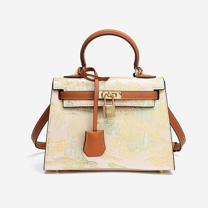 Women's Brocade Genuine Leather Kelly Bag with Padlock Charm