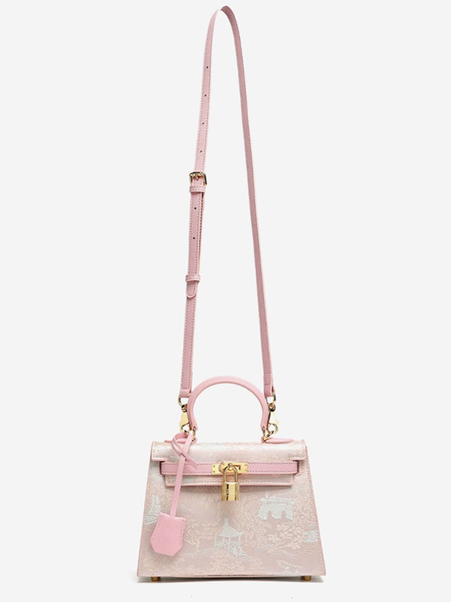 Women's Brocade Genuine Leather Kelly Bag with Padlock Charm