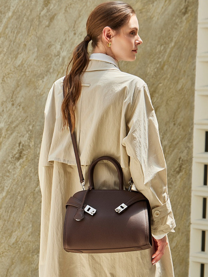 Women's Lychee-Grain Cowhide Double-Buckle Convertible Tote