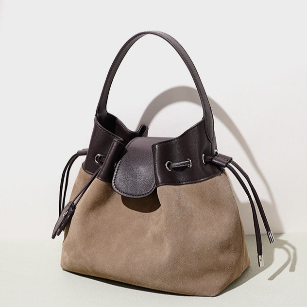 Women's Suede Leather Drawstring Bucket Bag with Horse Charm