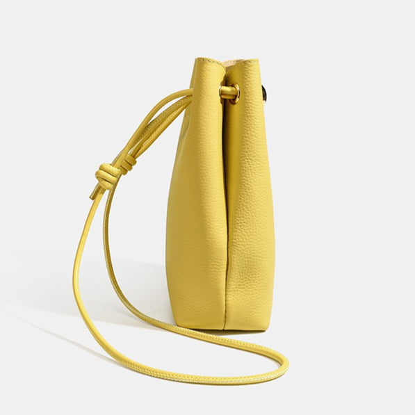 Women's Pebbled Cowhide Drawstring Phone Bag with Gold Accents