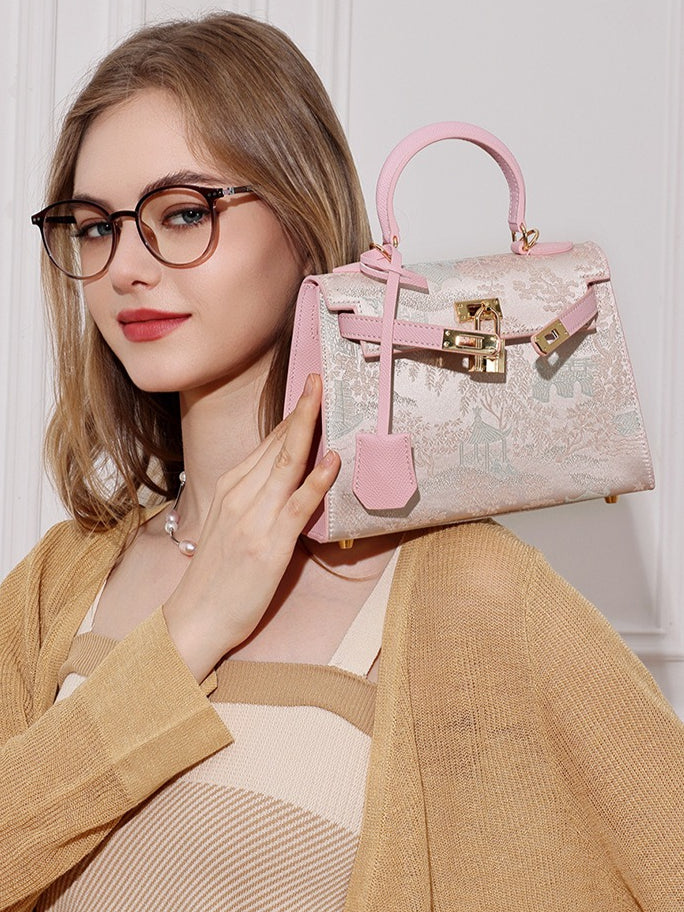 Women's Brocade Genuine Leather Kelly Bag with Padlock Charm