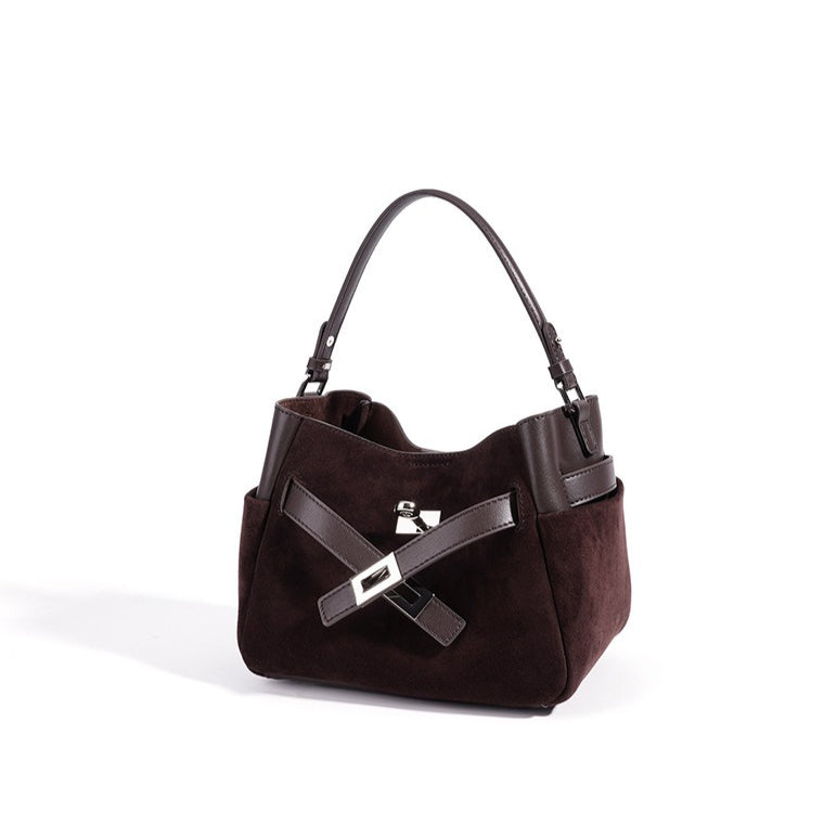 Women's Suede Cowhide Bucket Bag with Detachable Strap