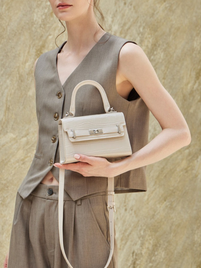 Women's Croc-Embossed Cowhide Structured Top-Handle Bag