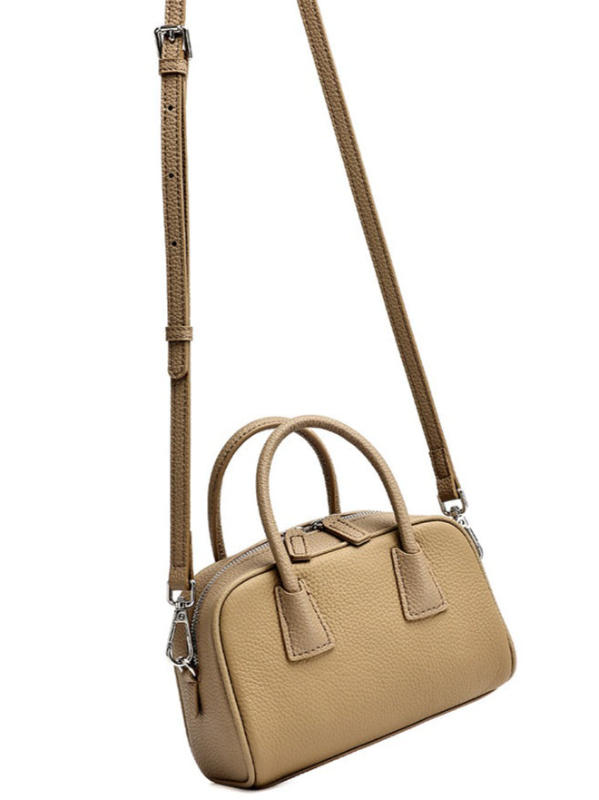 Women's Pebbled Cowhide Mini Boston Bag with Adjustable Strap
