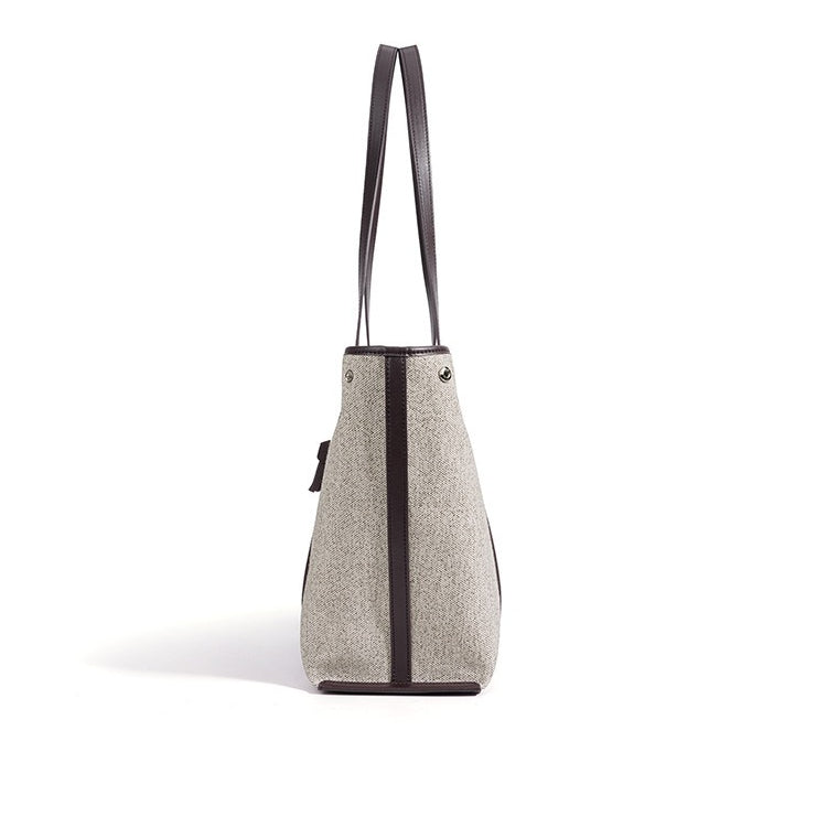Women's Canvas Tote Bag with Genuine Leather Panels and Tassel Charm