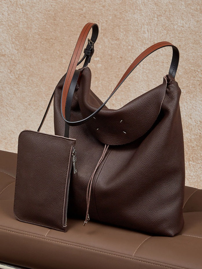 Women's Genuine Leather Slouch Tote Bag with Adjustable Strap & Detachable Pouch