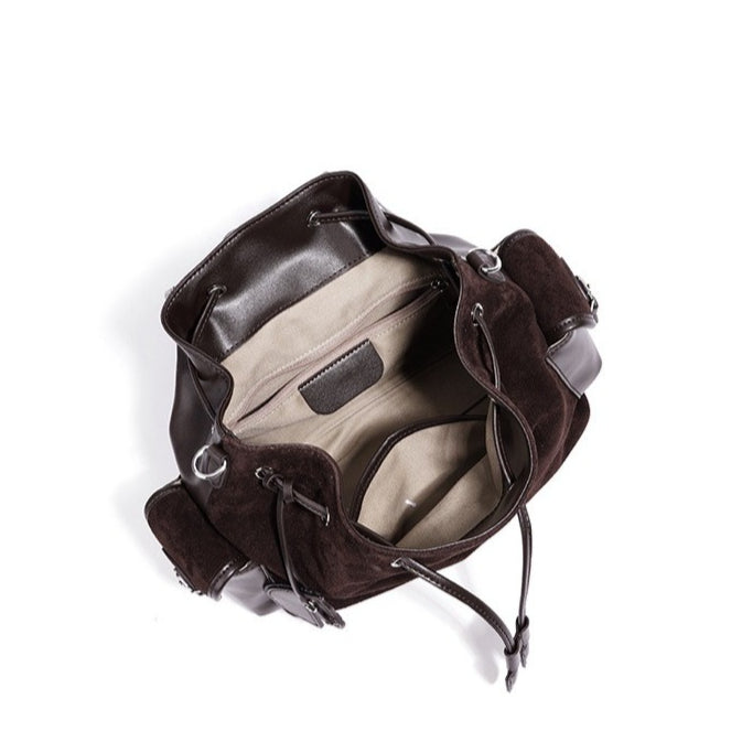 Women's Suede Leather Convertible Flap Backpack with Side Pockets