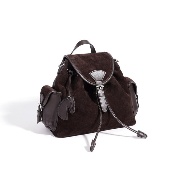 Women's Suede Leather Convertible Flap Backpack with Side Pockets