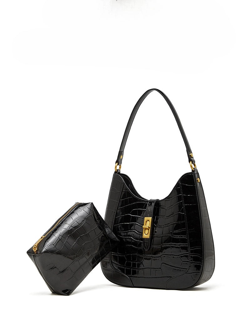 Women's Croc-Embossed Genuine Leather Hobo Bag with Detachable Pouch