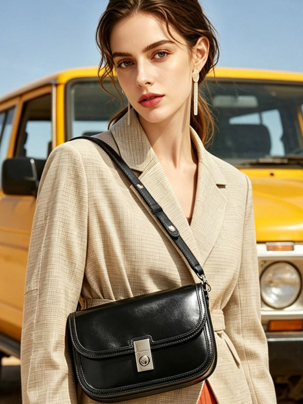 Women's Plain Cowhide Curved Satchel with Twist-Lock Closure