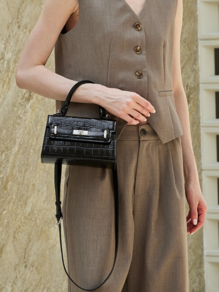 Women's Croc-Embossed Cowhide Structured Top-Handle Bag