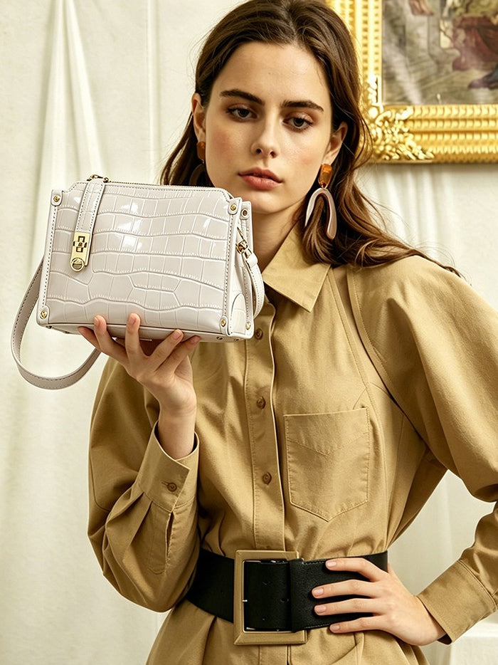 Women's Glossy Croc-Embossed Cowhide Structured Satchel