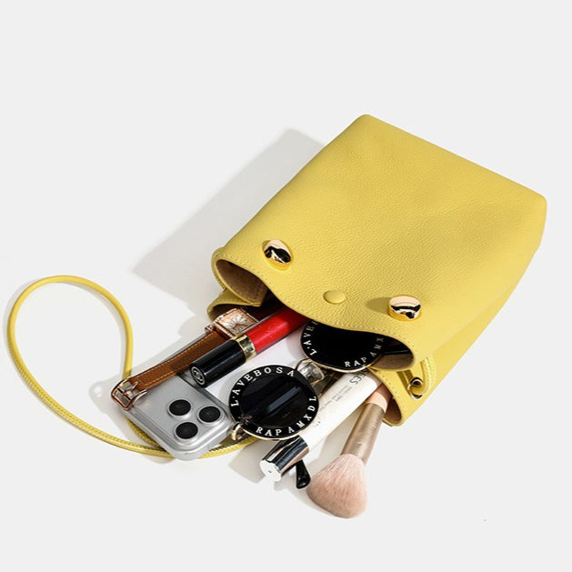 Women's Pebbled Cowhide Drawstring Phone Bag with Gold Accents