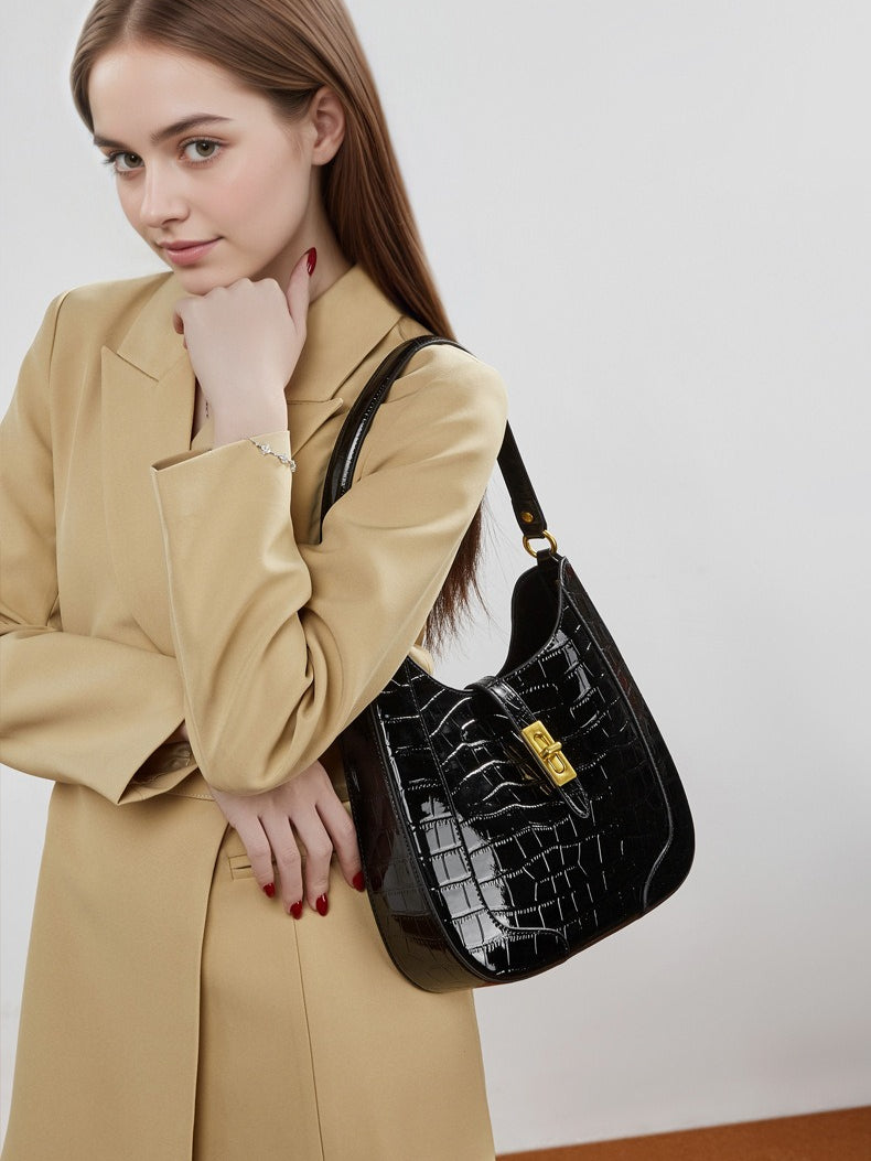 Women's Croc-Embossed Genuine Leather Hobo Bag with Detachable Pouch