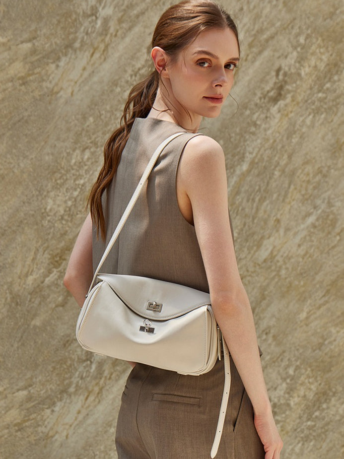 Women's Genuine Leather Envelope Flap Bag with Twist-Lock