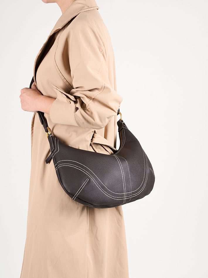Women's Pebbled Cowhide Curved Hobo Bag with Contrast Stitching