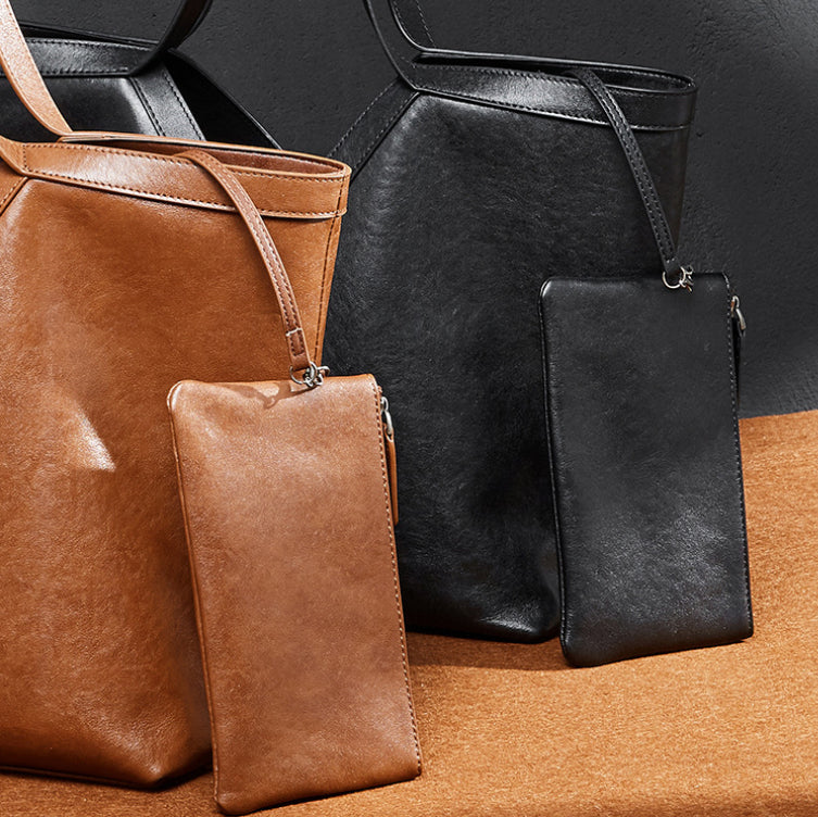 Women's Genuine Leather Open Top Vertical Tote Bag