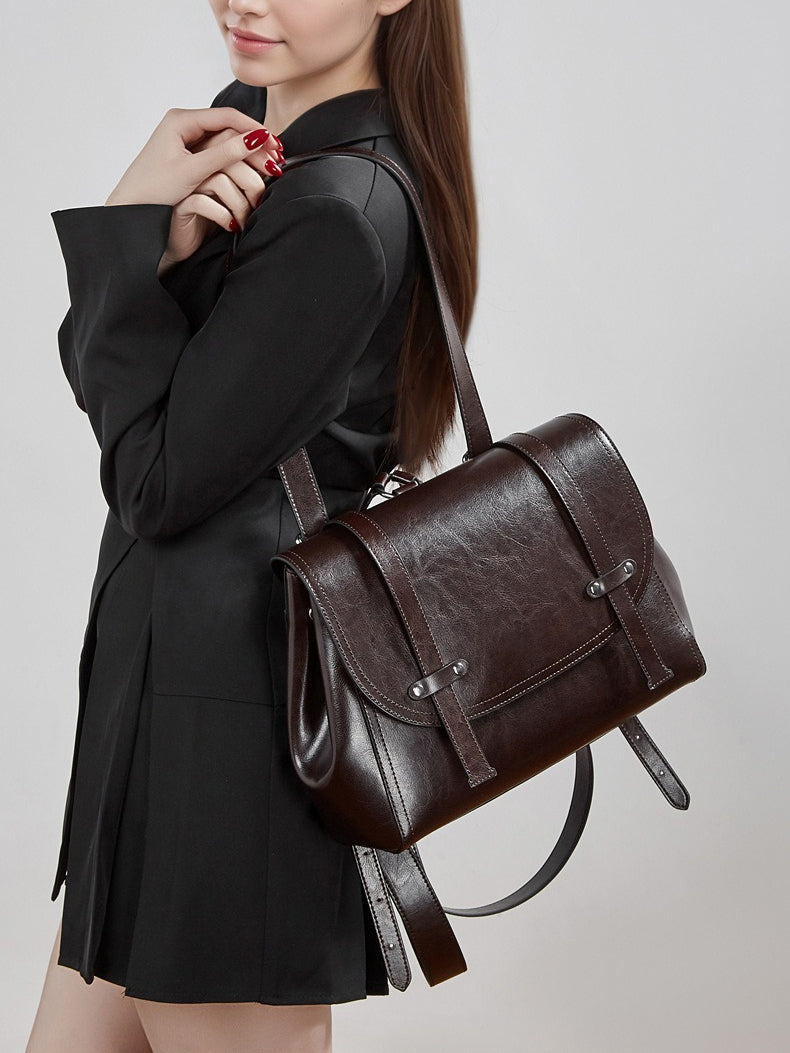 Women's Oil-Waxed Cowhide Convertible Flap Backpack