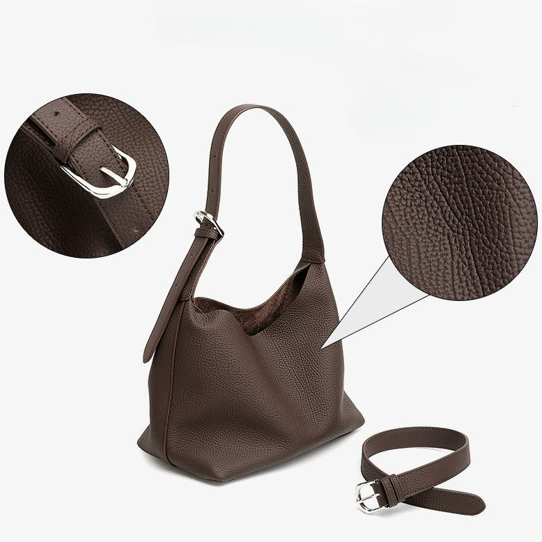Women's TC Full-Grain Cowhide Hobo Bucket Bag with Adjustable Strap