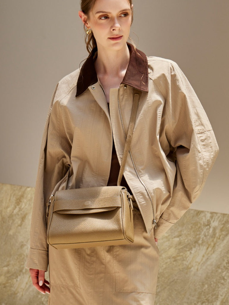 Women's Lychee-Grain Cowhide Flap Bag with Top Handle
