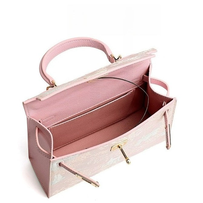 Women's Brocade Genuine Leather Kelly Bag with Padlock Charm